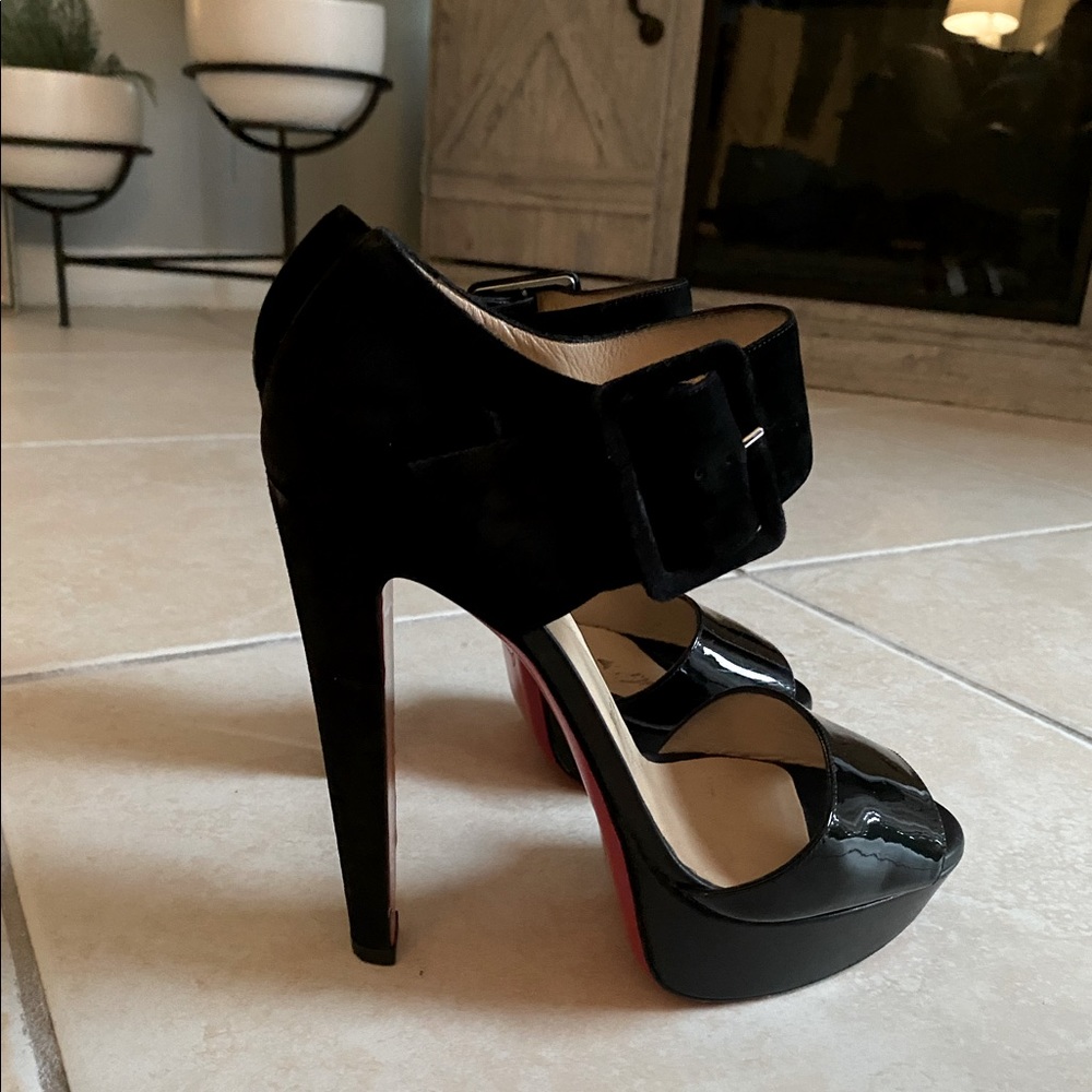 Christian Louboutin open toe leather & suede heels